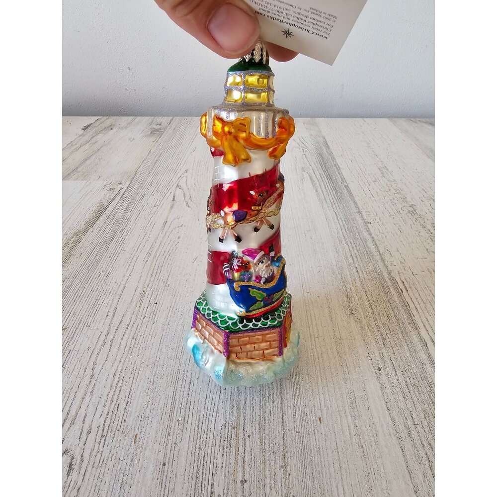 Vintage radko seaside delivery lighthouse sleigh reindeer ornament glass Xmas tr